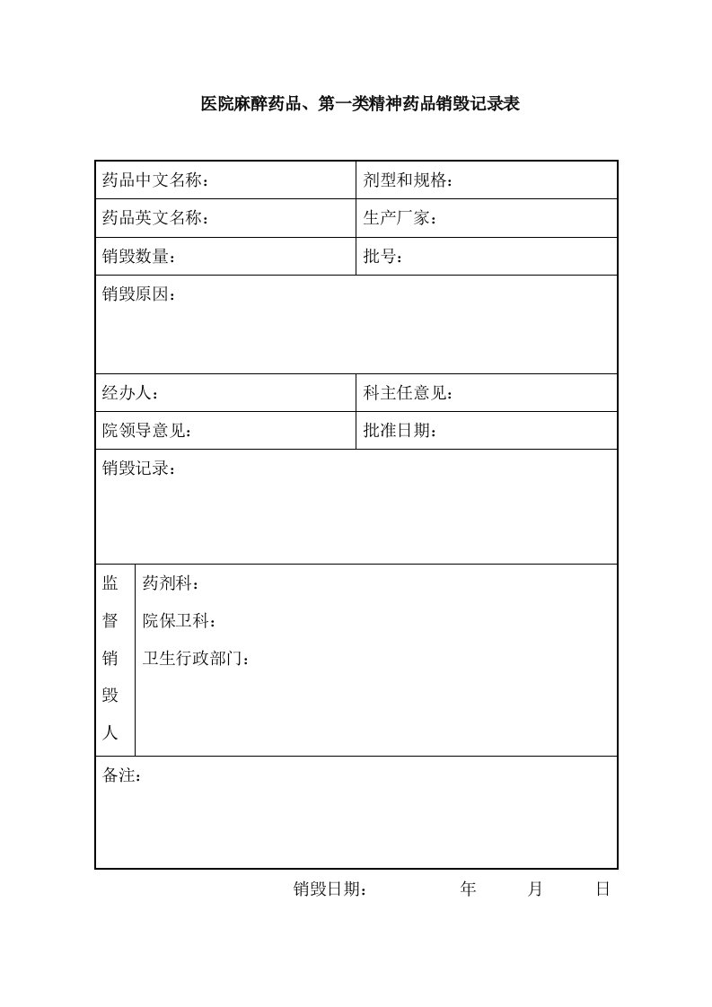 麻醉药品、第一类精神药品销毁记录表格