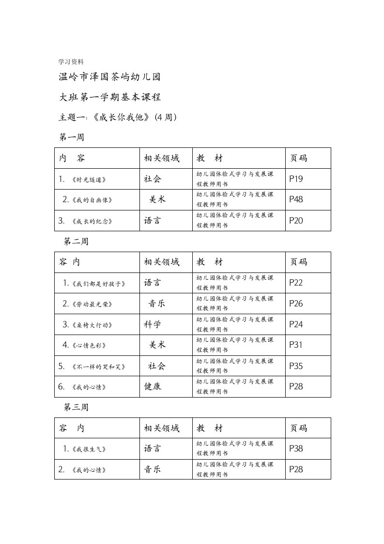 幼儿园大班上基本课程安排表99271说课材料