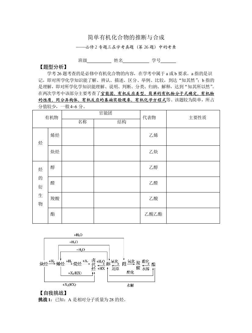 简单有机化合物的推断与合成学考26题专题