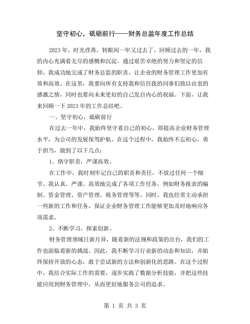 坚守初心，砥砺前行——财务总监年度工作总结