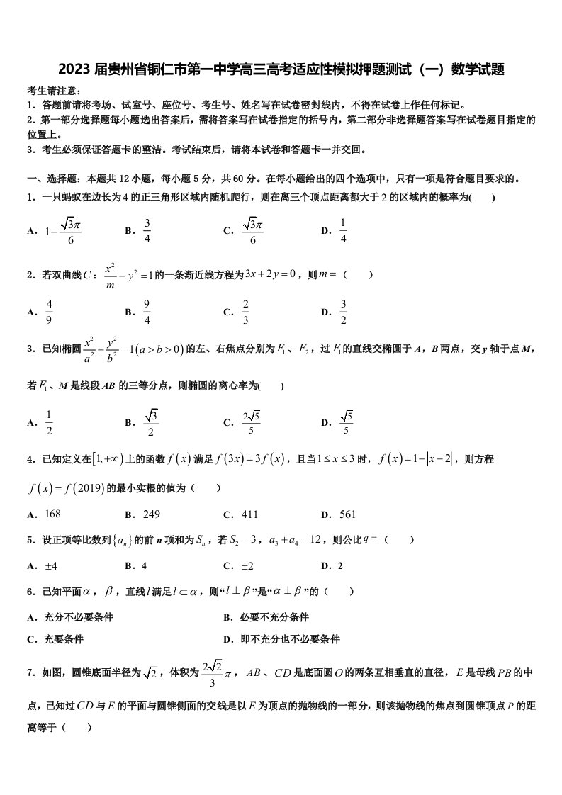 2023届贵州省铜仁市第一中学高三高考适应性模拟押题测试（一）数学试题含解析