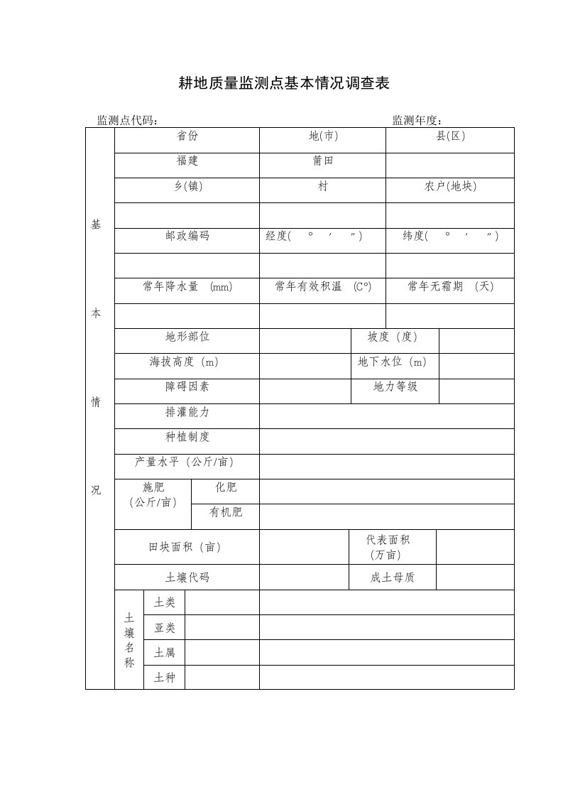 耕地质量监测点基本情况调查表