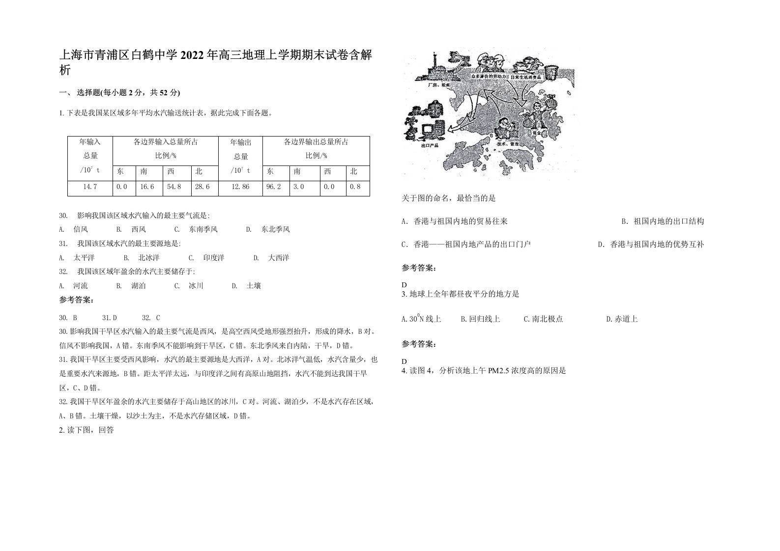 上海市青浦区白鹤中学2022年高三地理上学期期末试卷含解析