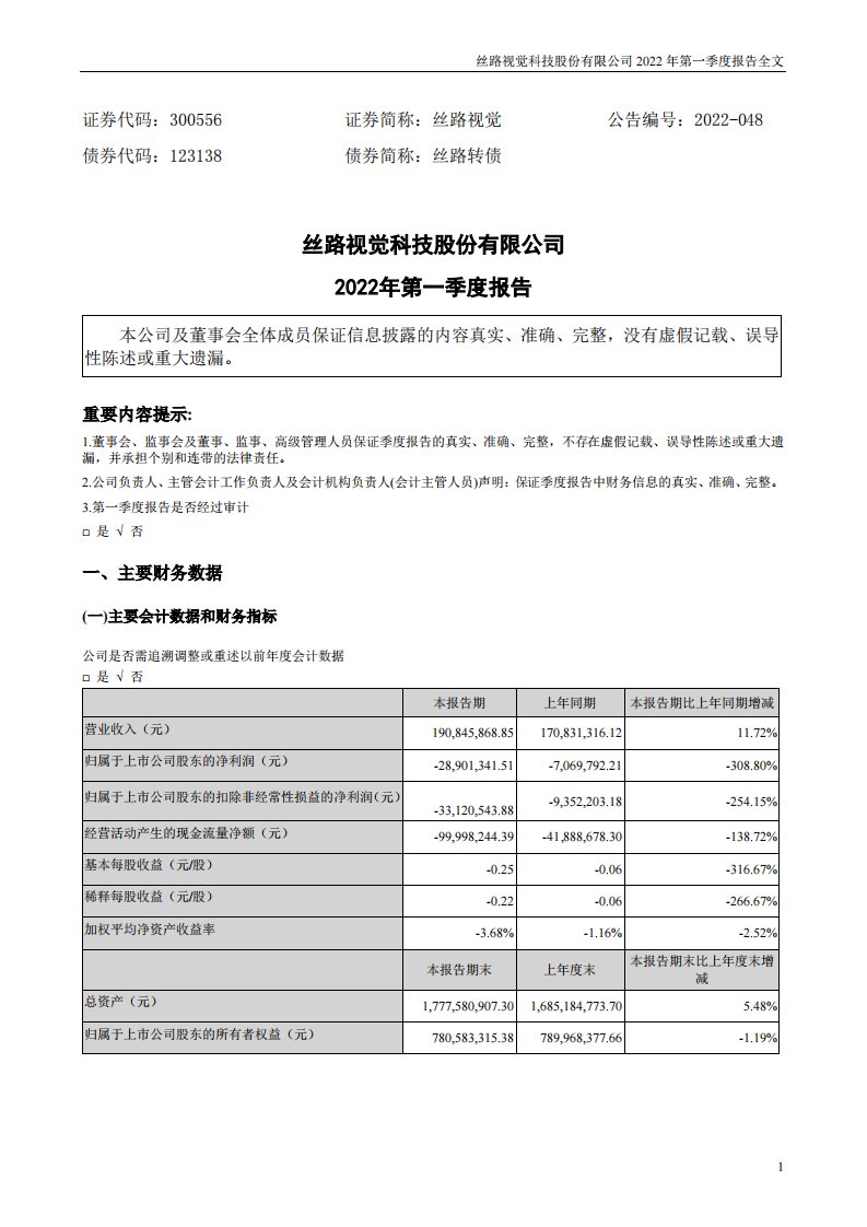 深交所-丝路视觉：2022年一季度报告-20220430