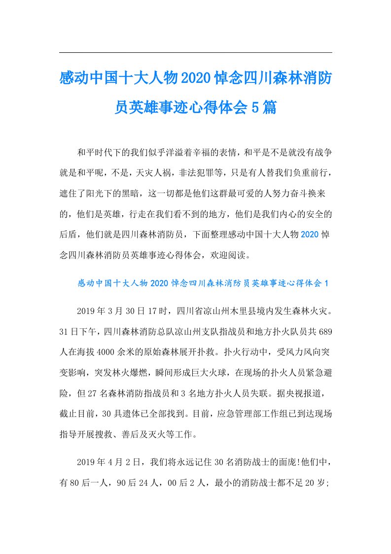 感动中国十大人物悼念四川森林消防员英雄事迹心得体会5篇