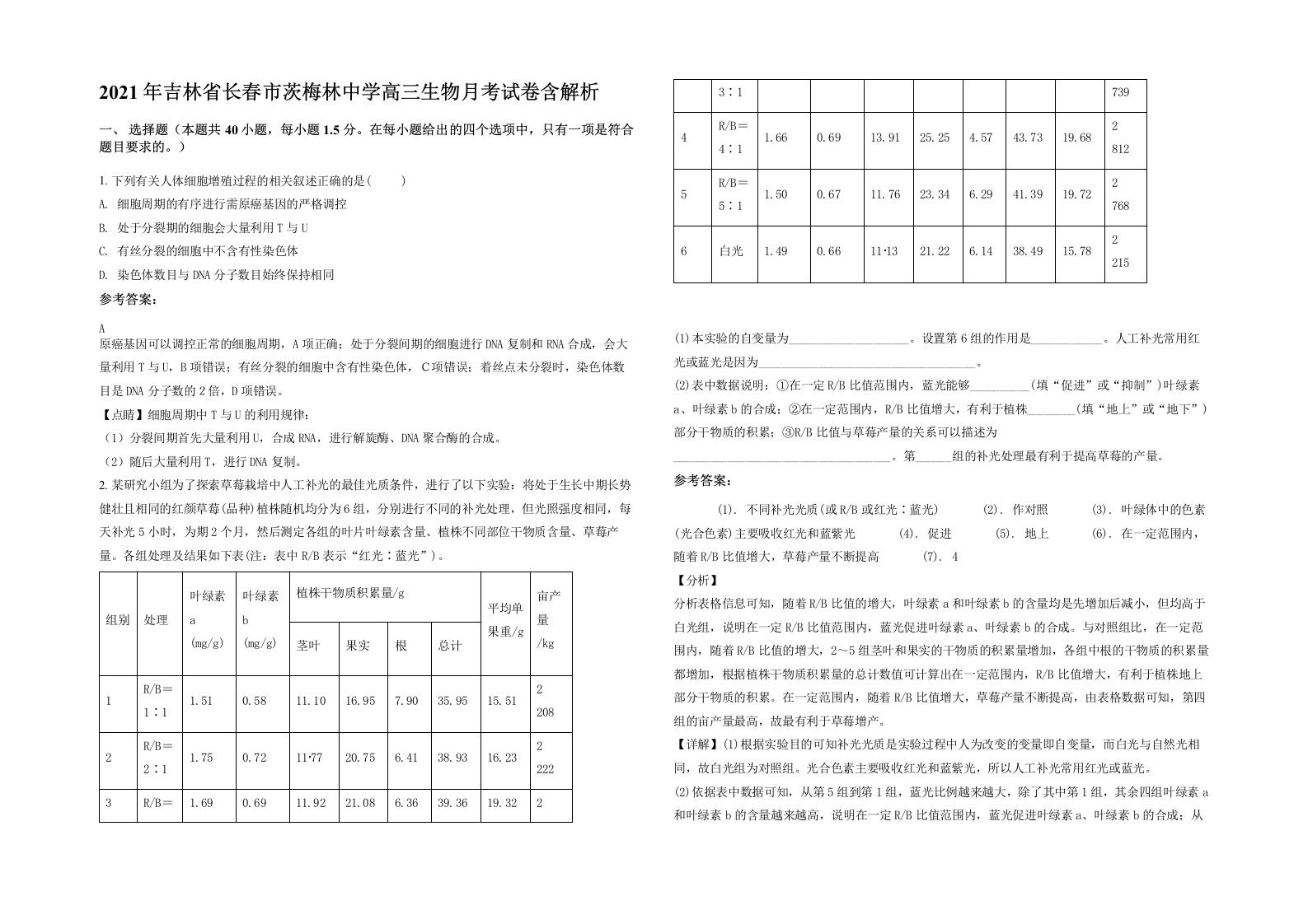 2021年吉林省长春市茨梅林中学高三生物月考试卷含解析