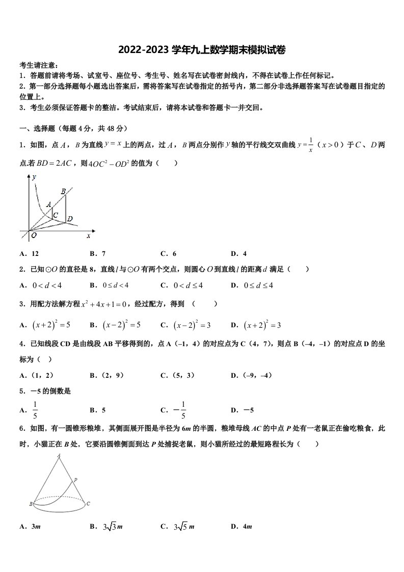 2023届黑龙江省牡丹江管理局北斗星协会九年级数学第一学期期末复习检测试题含解析