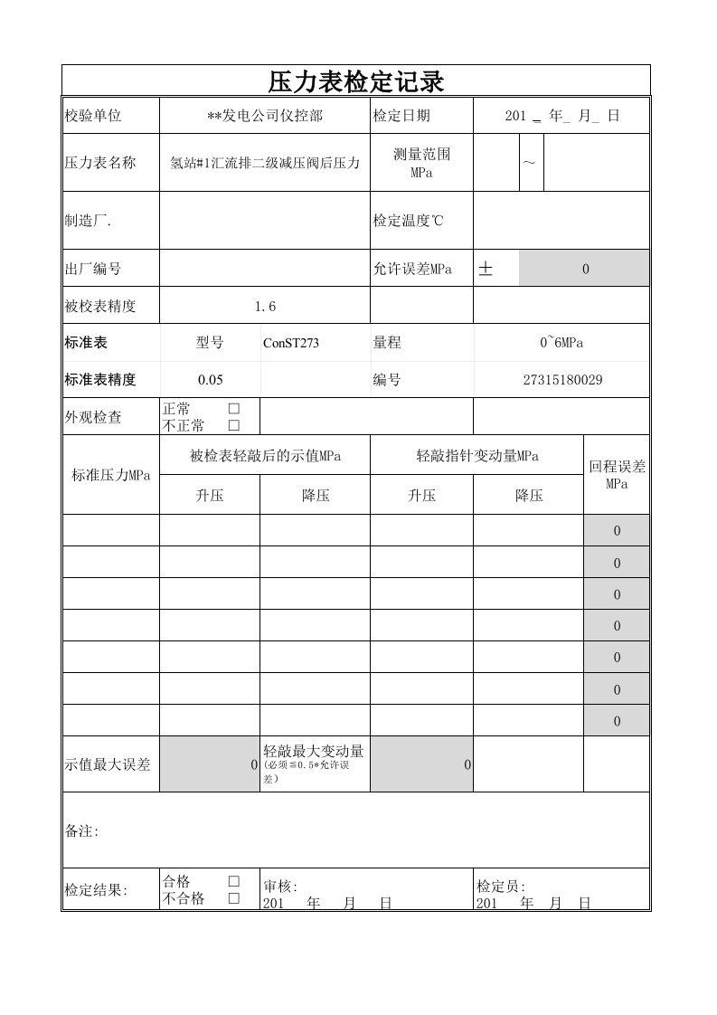 压力表校验报告2016