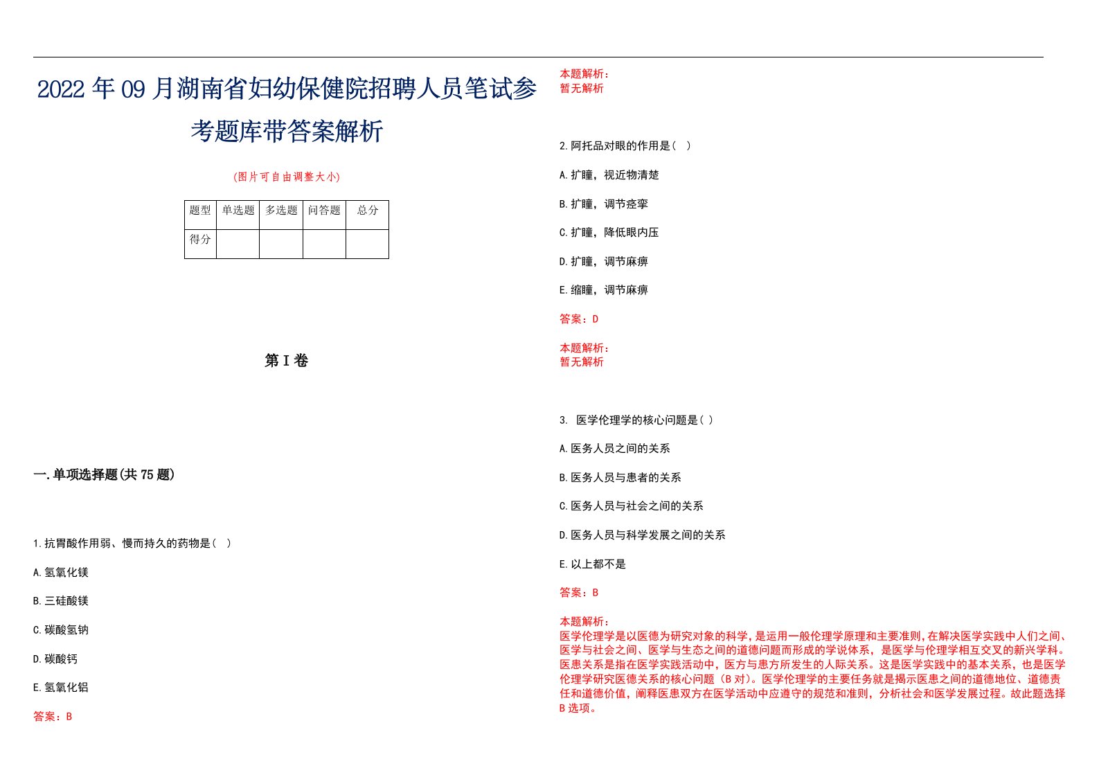 2022年09月湖南省妇幼保健院招聘人员笔试参考题库带答案解析