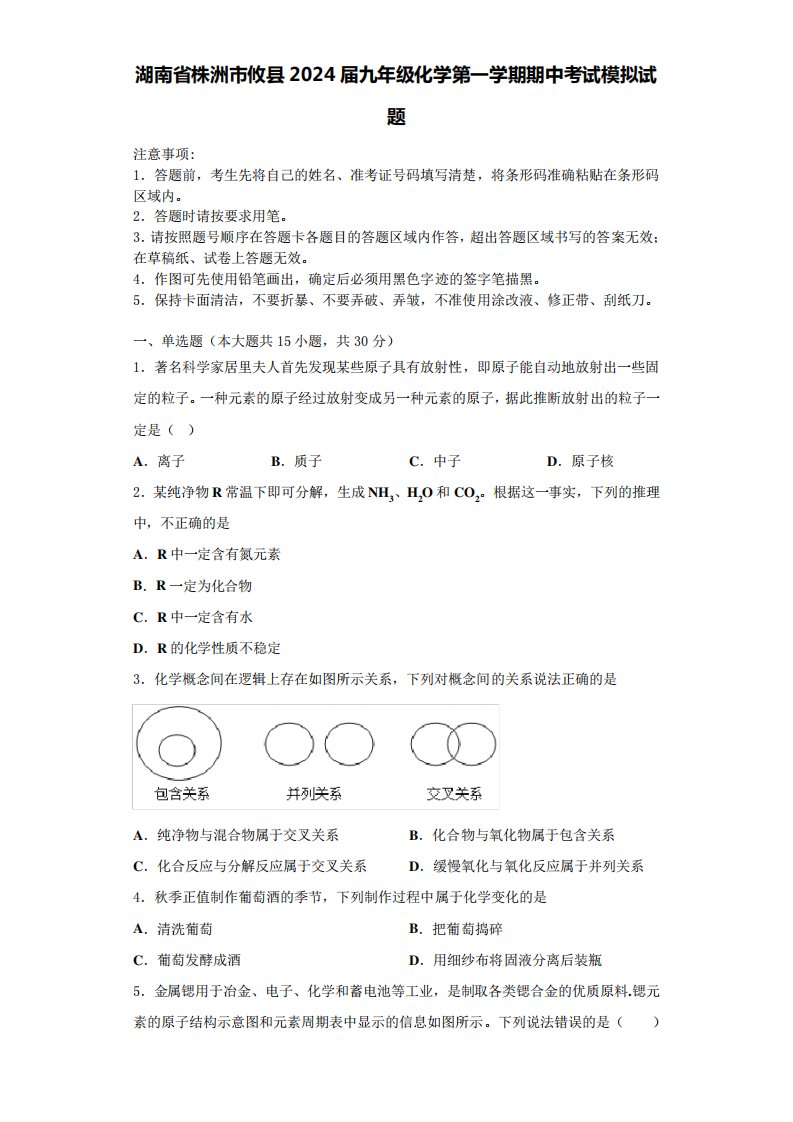 湖南省株洲市攸县2024届九年级化学第一学期期中考试模拟试题含答案解析精品5368