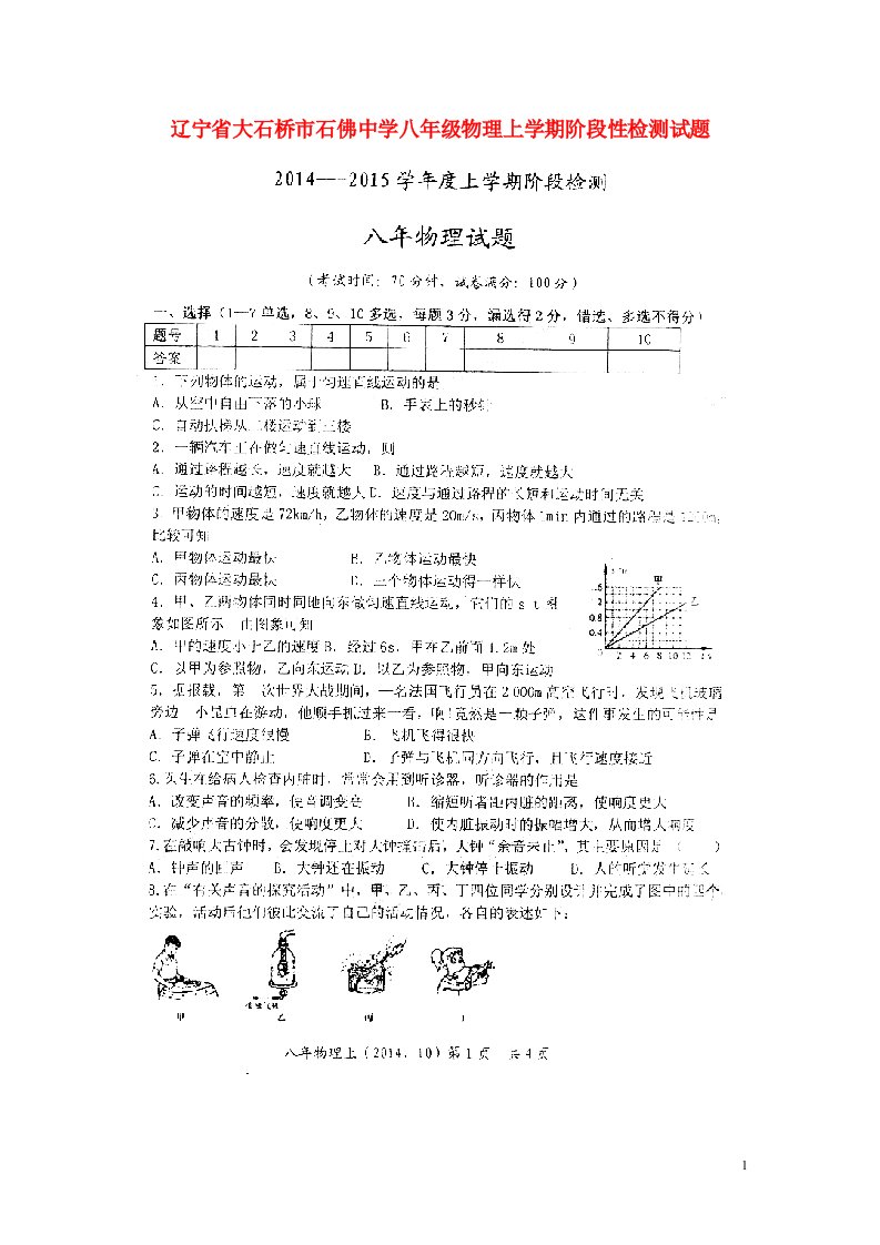 辽宁省大石桥市石佛中学八级物理上学期阶段性检测试题（扫描版）