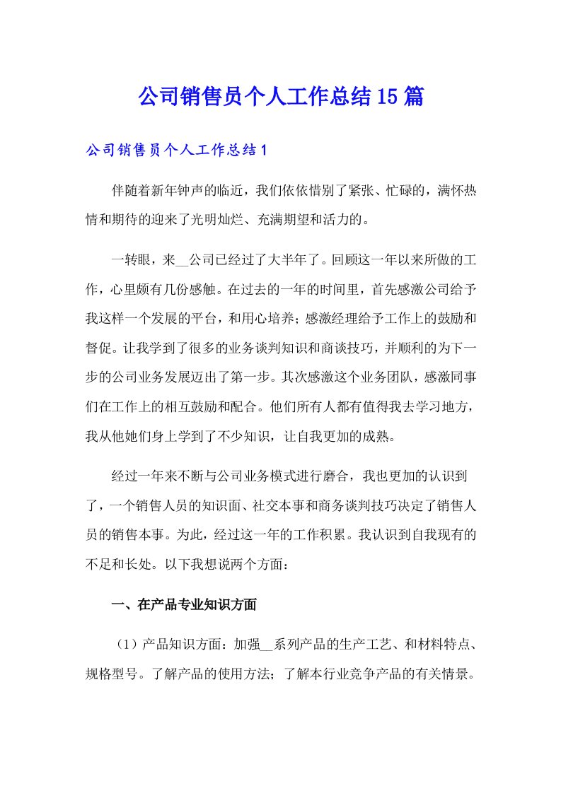 公司销售员个人工作总结15篇