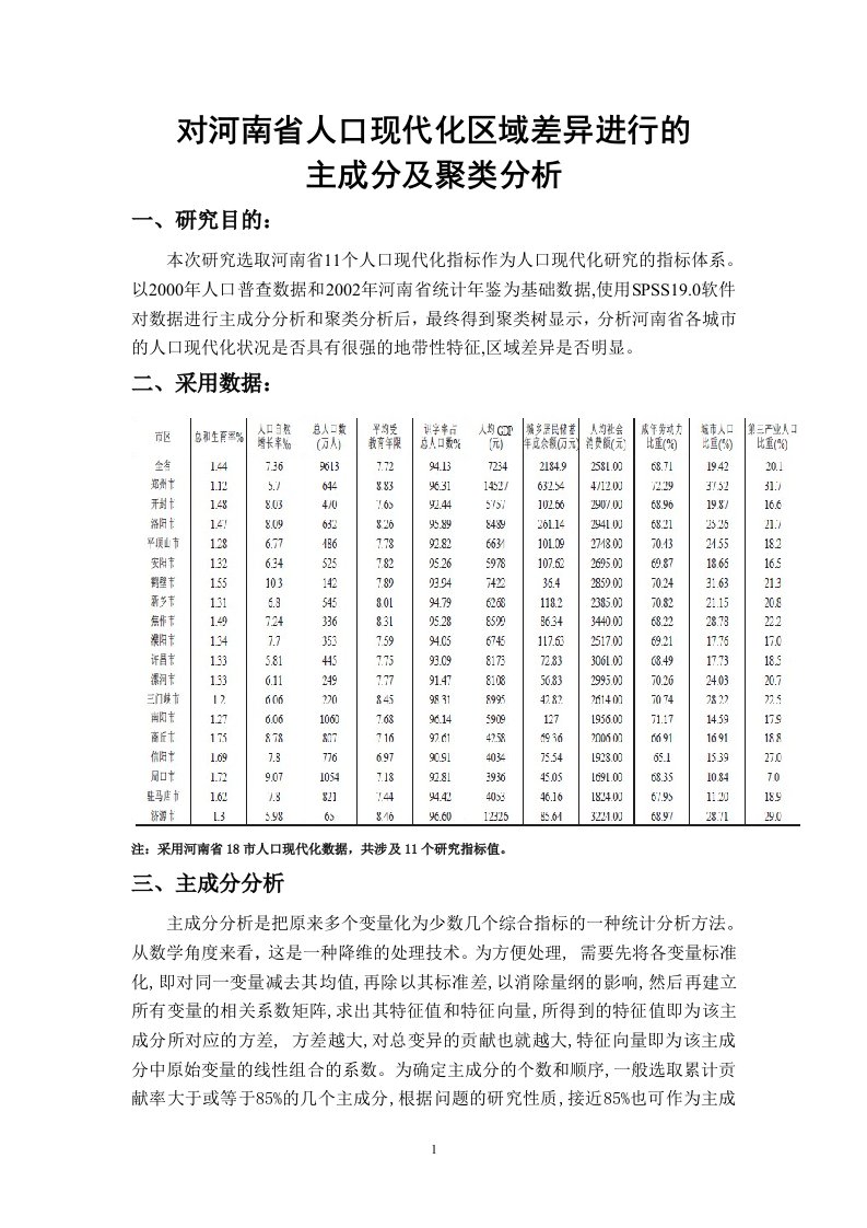 利用spass主成分及聚类分析河南省人口现代化