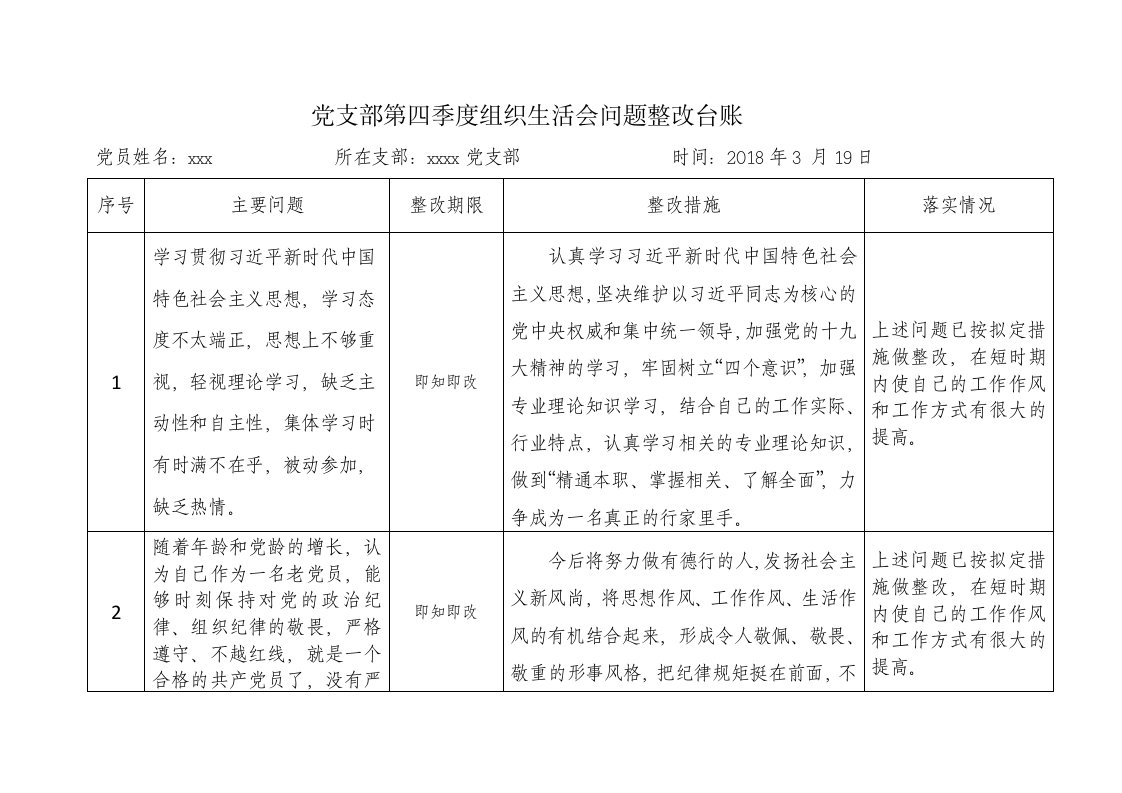 问题整改台账