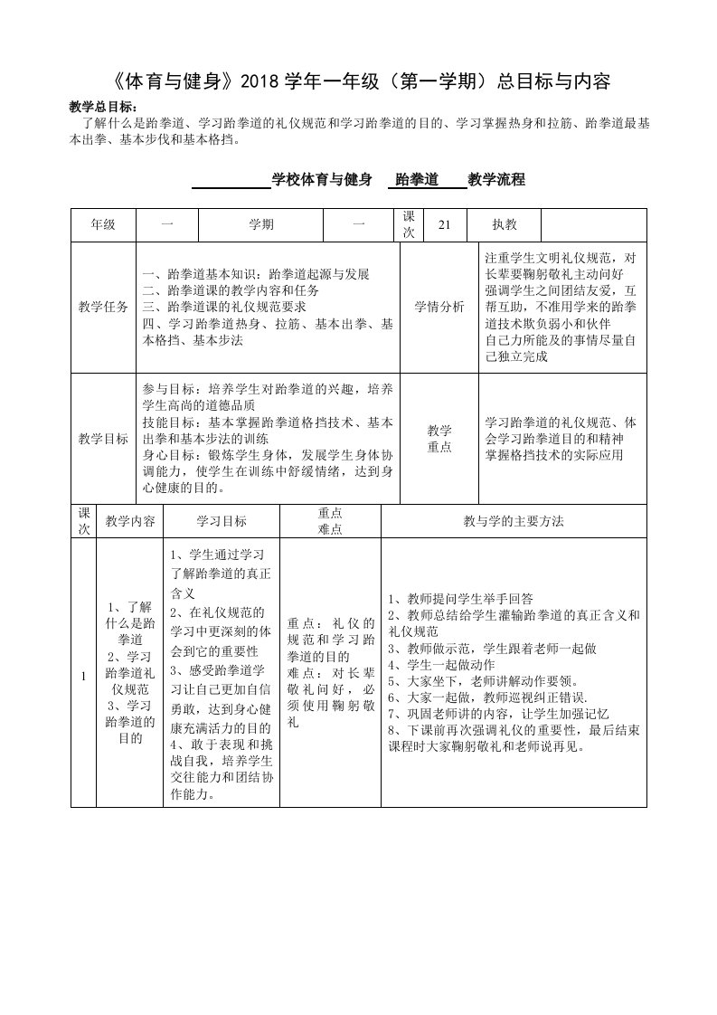 小学跆拳道学科教案