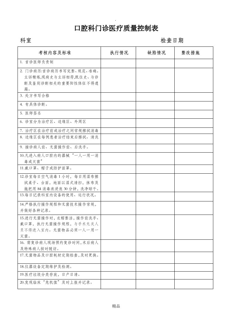 口腔科医疗质量控制表