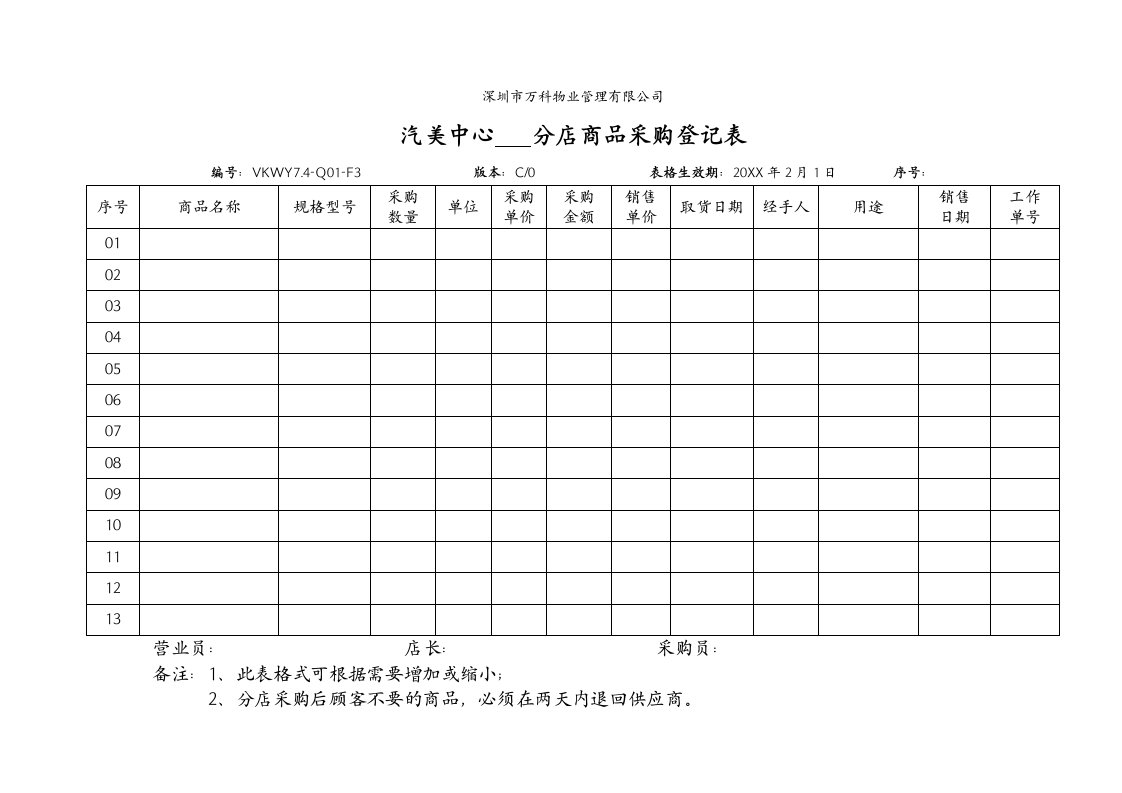 表格模板-VKWY74Q01F3汽美中心分店商品采购登记表