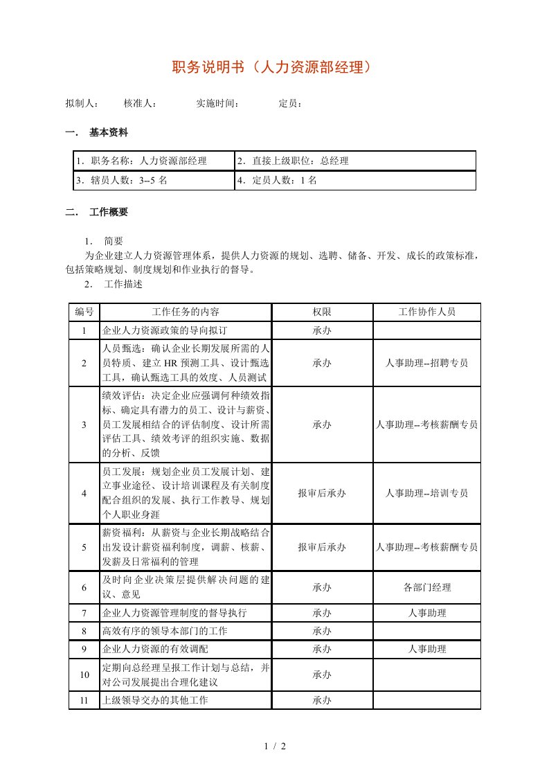 职务说明书人力资源部经理