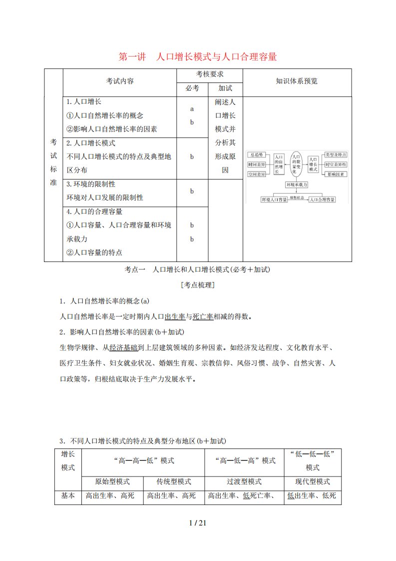 (浙江专版)高考地理一轮复习第一章人口与环境第一讲人口增长模式与人口合理容量创新学案必修2