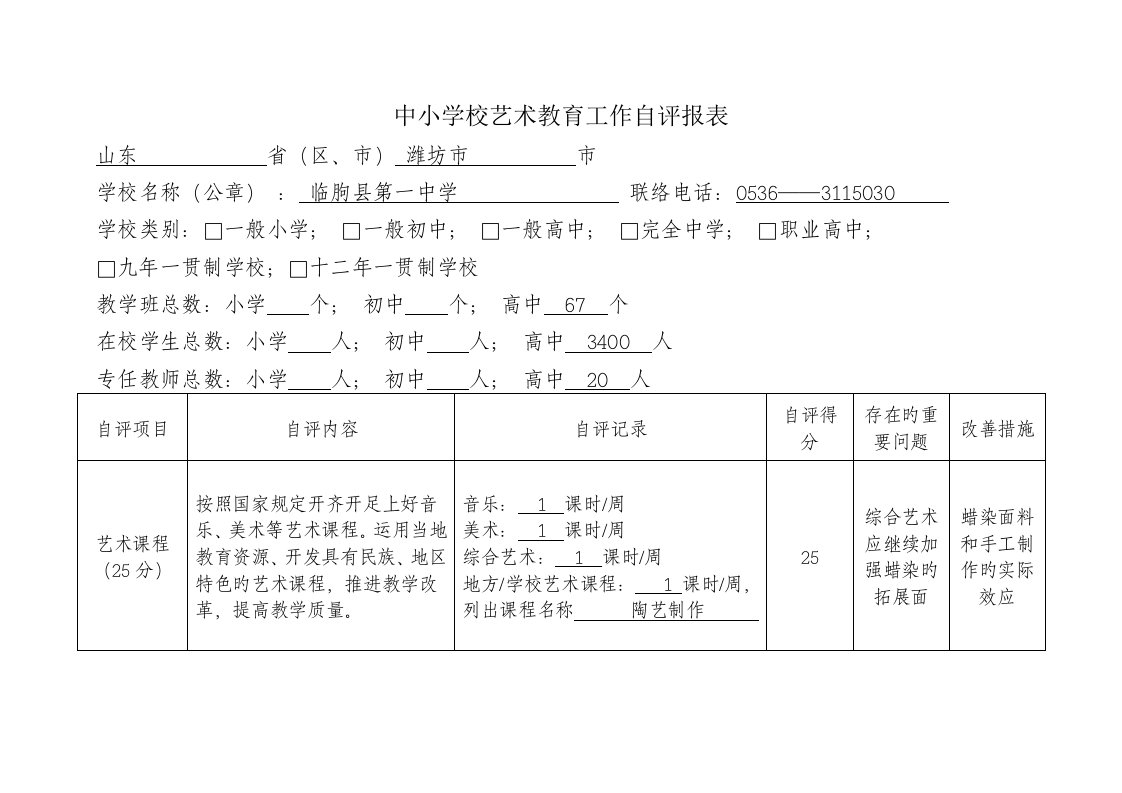 中小学校艺术教育工作自评报表