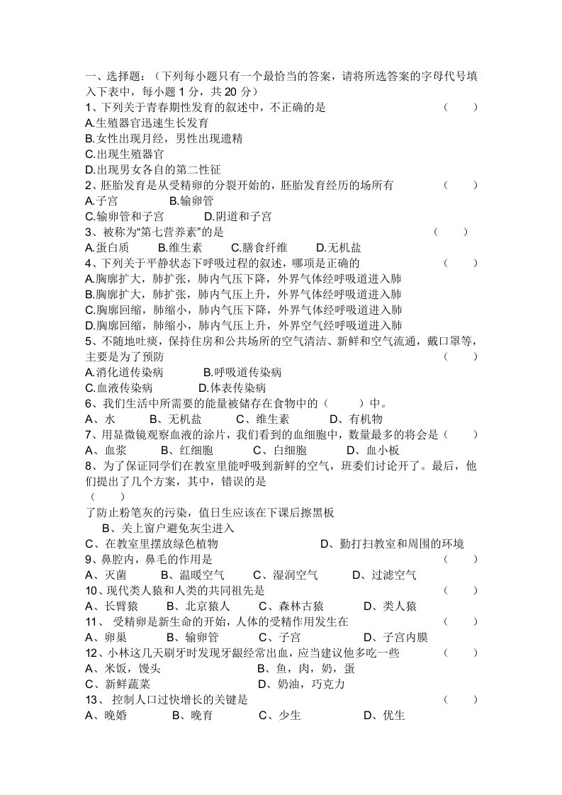 初一生物上学期期末测试题