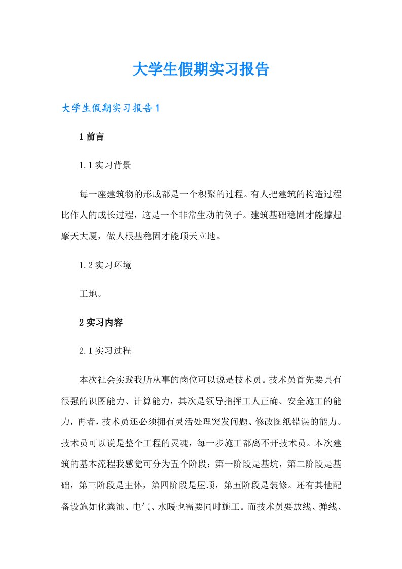 大学生假期实习报告