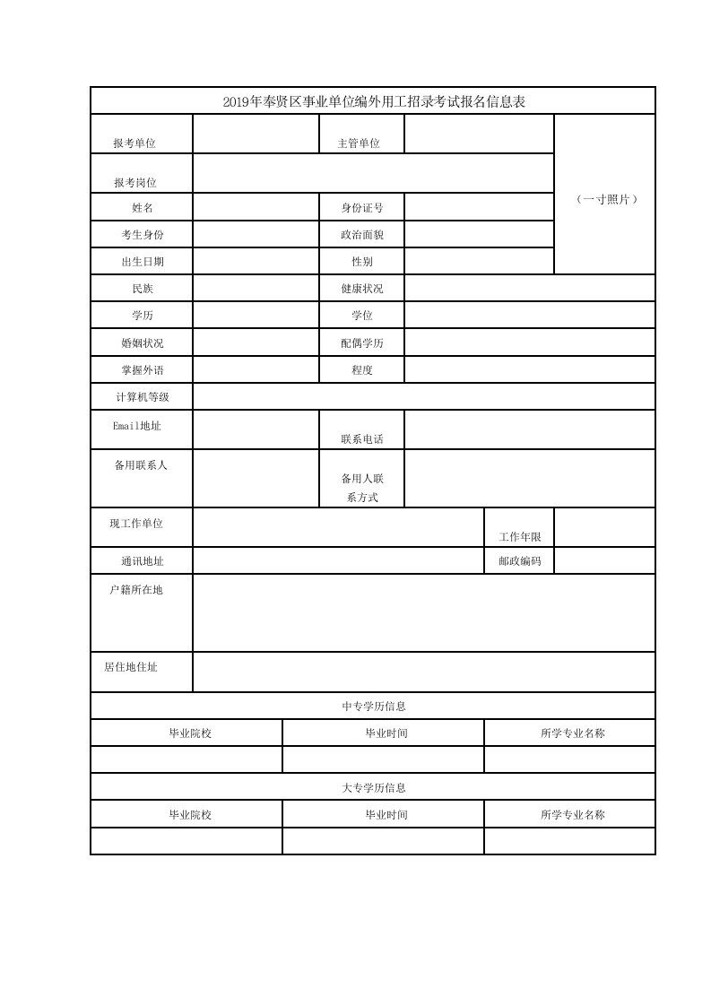 2019年奉贤区事业单位编外用工招录考试报名信息表