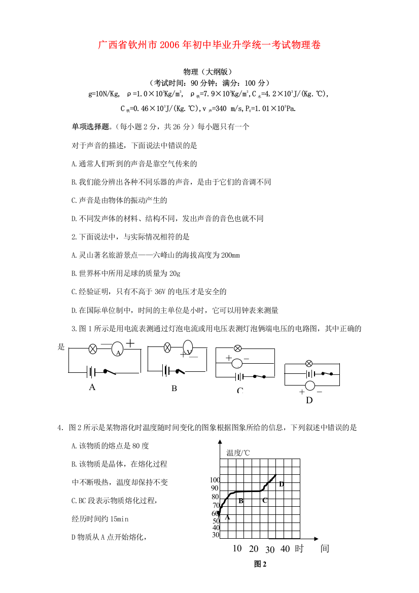 毕业升学统一考试物理卷