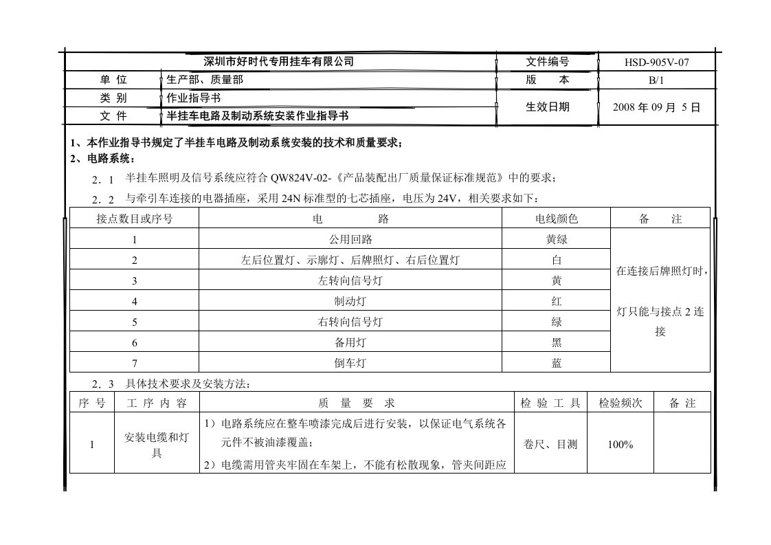 半挂车电气路路系统安装作业指导书