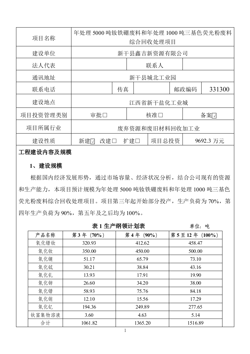 本科毕业设计-年处理5000吨钕铁硼废料和年处理1000吨三基色荧光粉废料综合回收处理项目立项节能评估报告