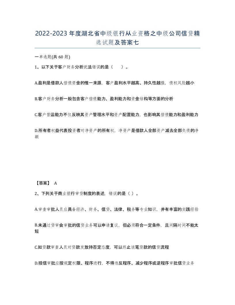 2022-2023年度湖北省中级银行从业资格之中级公司信贷试题及答案七