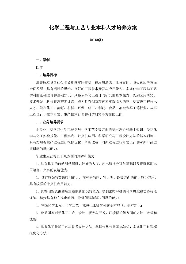 化学工程与工艺人才培养计划本科人才培养方案