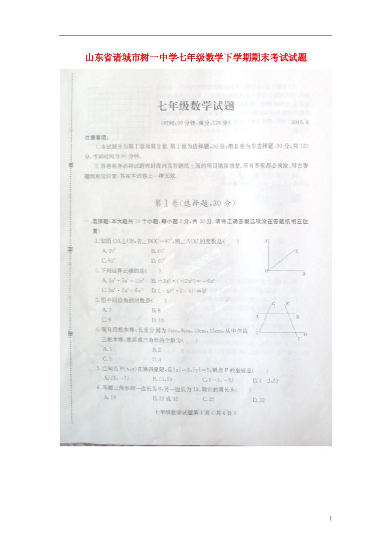 山东省诸城市树一中学七级数学下学期期末考试试题（扫描版）