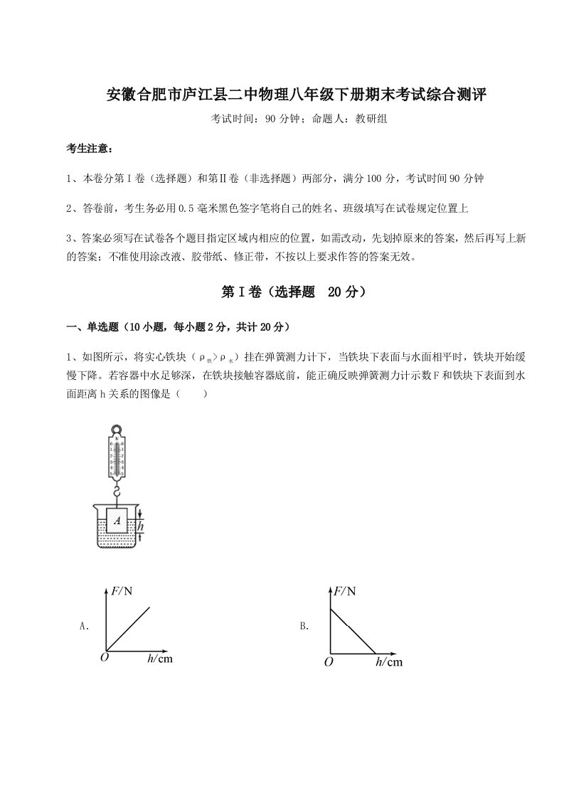 达标测试安徽合肥市庐江县二中物理八年级下册期末考试综合测评试题（解析版）