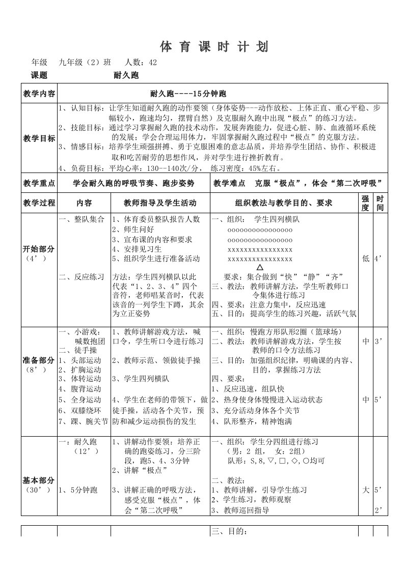 初中耐久跑体育教案