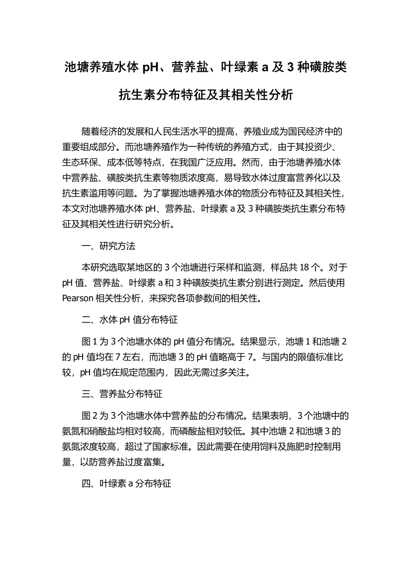 池塘养殖水体pH、营养盐、叶绿素a及3种磺胺类抗生素分布特征及其相关性分析