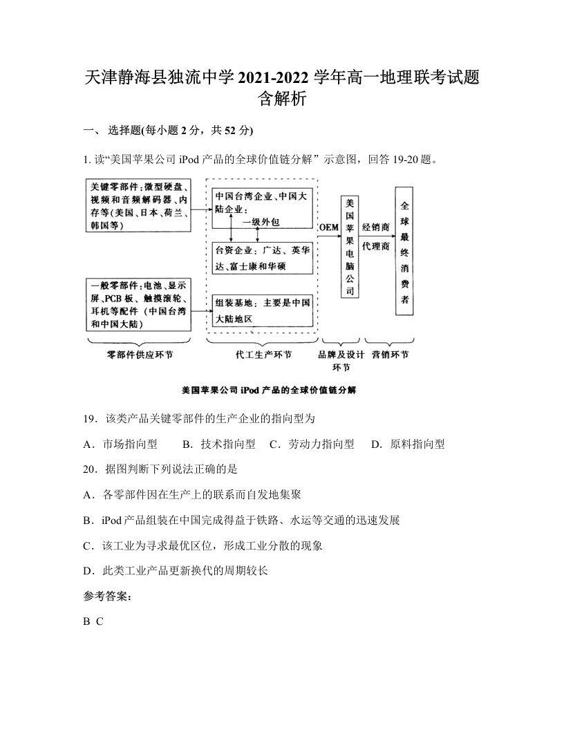 天津静海县独流中学2021-2022学年高一地理联考试题含解析