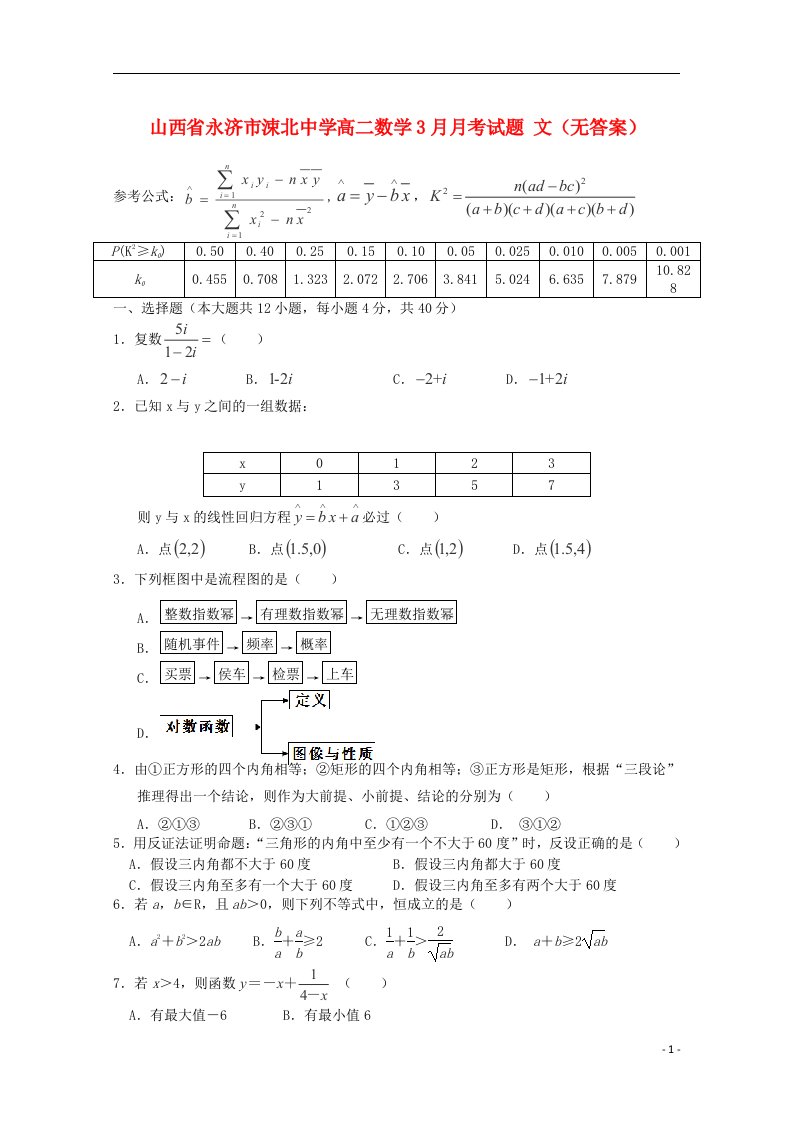 山西省永济市涑北中学高二数学3月月考试题