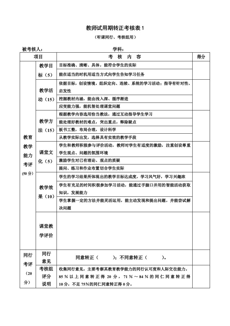 教师试用期转正考核表