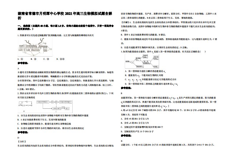 湖南省常德市月明潭中心学校2021年高三生物模拟试题含解析