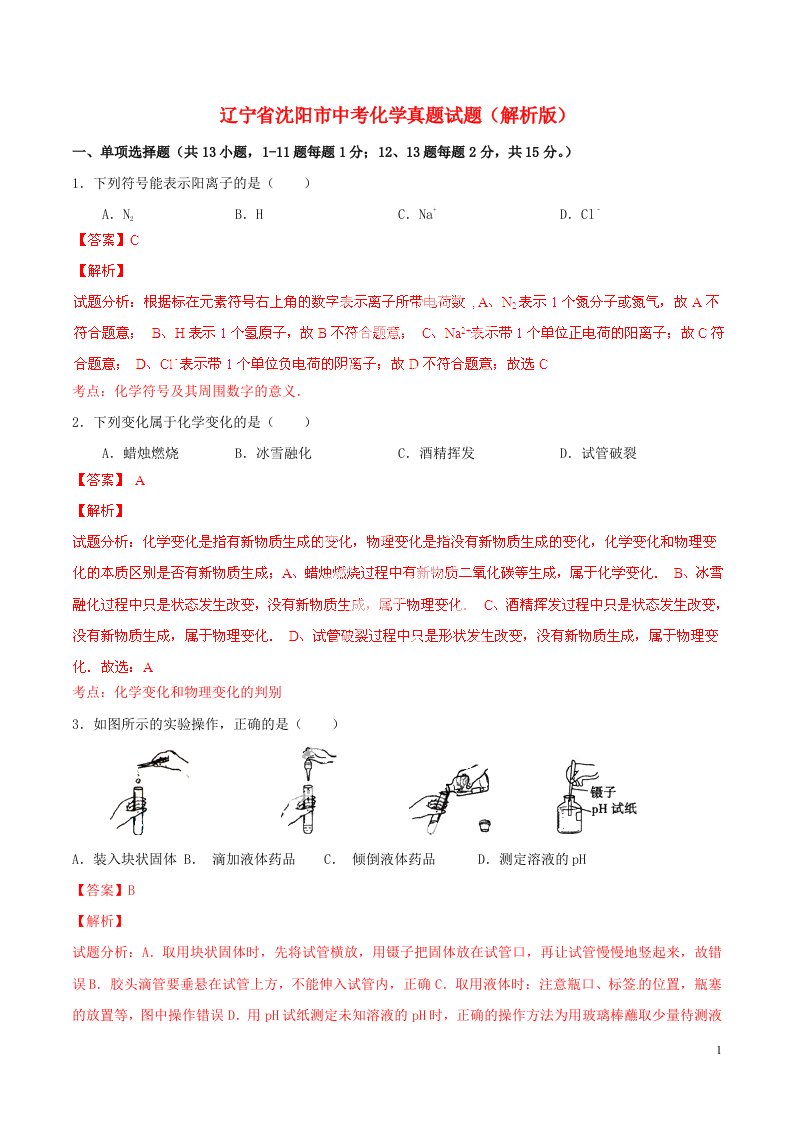 辽宁省沈阳市中考化学真题试题（解析版）