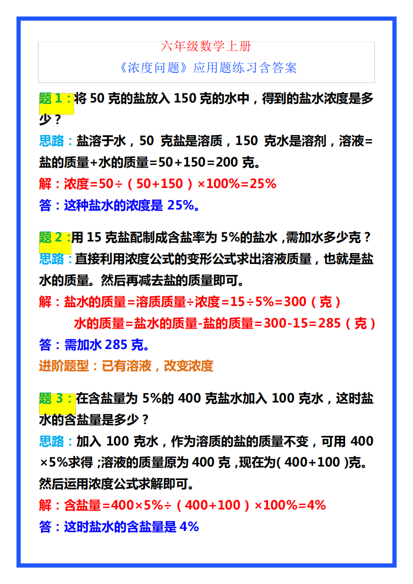 六年级数学上册《浓度问题》应用题练习含答案