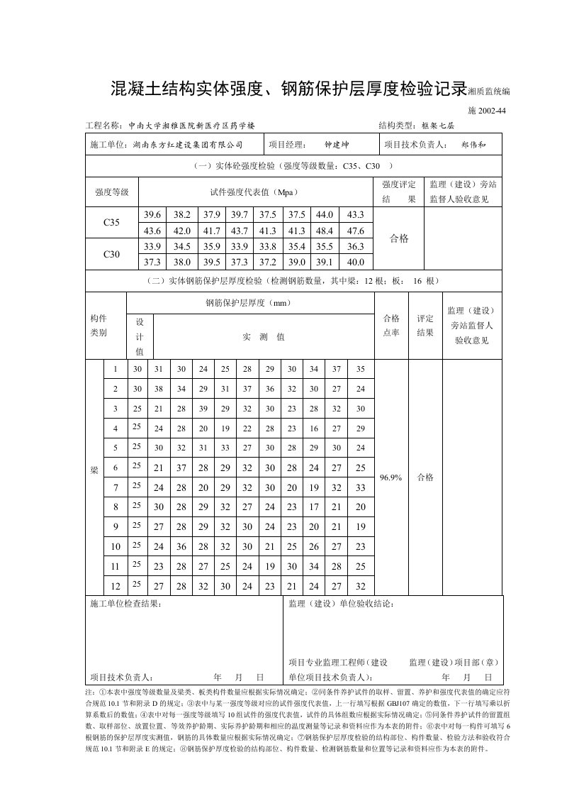 混凝土结构实体强度、钢筋保护层厚度检验记录