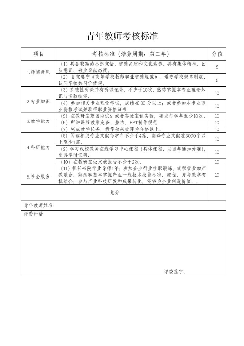 青年教师考核标准