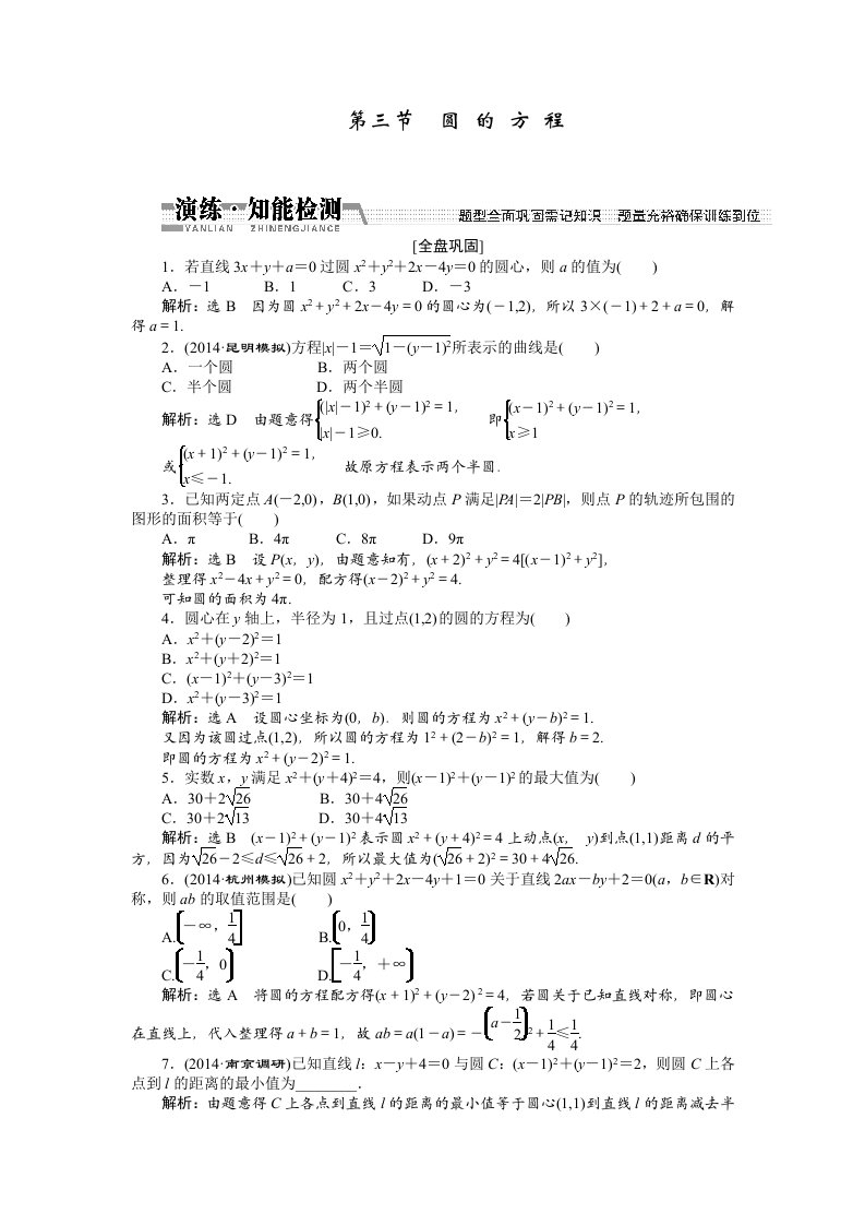 2015高考数学（理）一轮知能检测：第8章