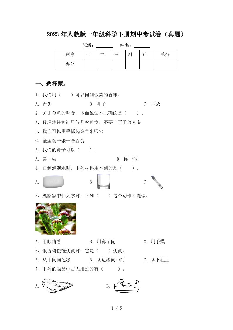 2023年人教版一年级科学下册期中考试卷(真题)