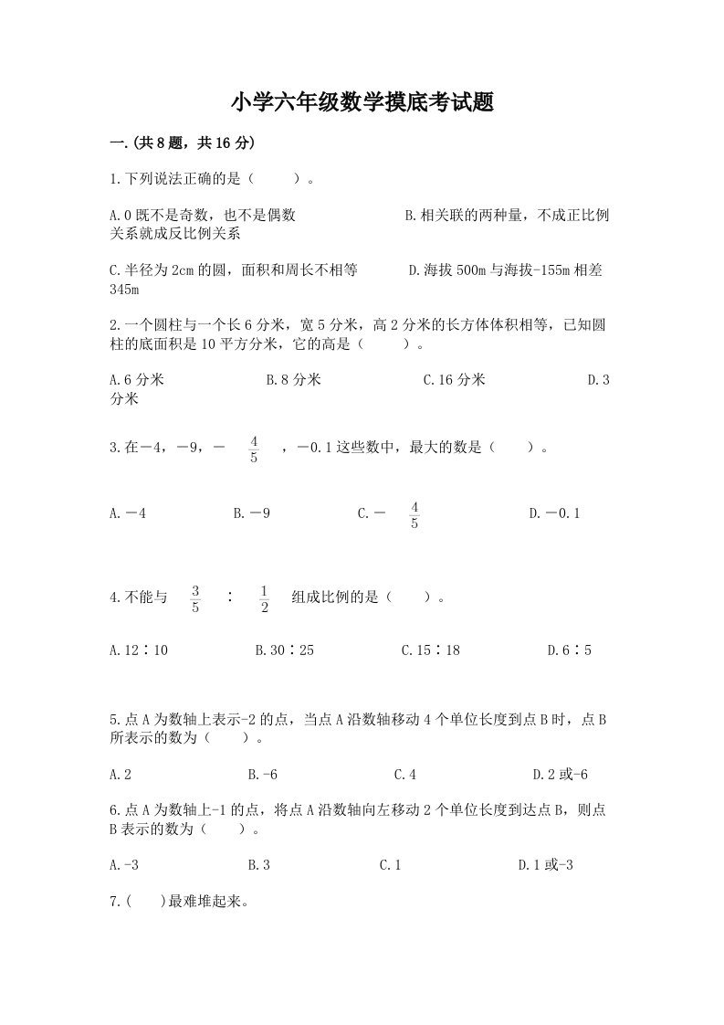 小学六年级数学摸底考试题【夺冠】