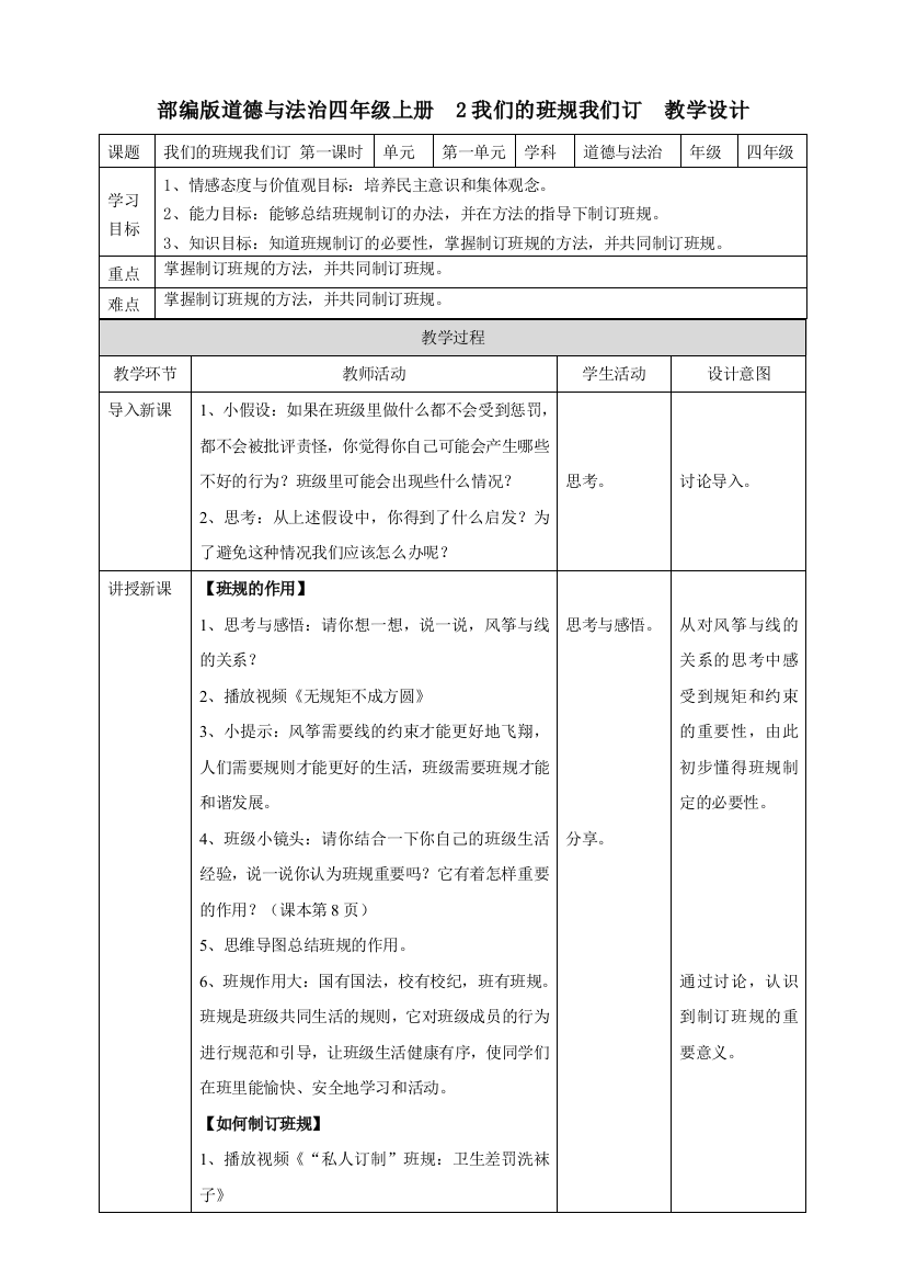 道德与法治四上2我们的班规我们订-第一课时教案公开课教案教学设计课件