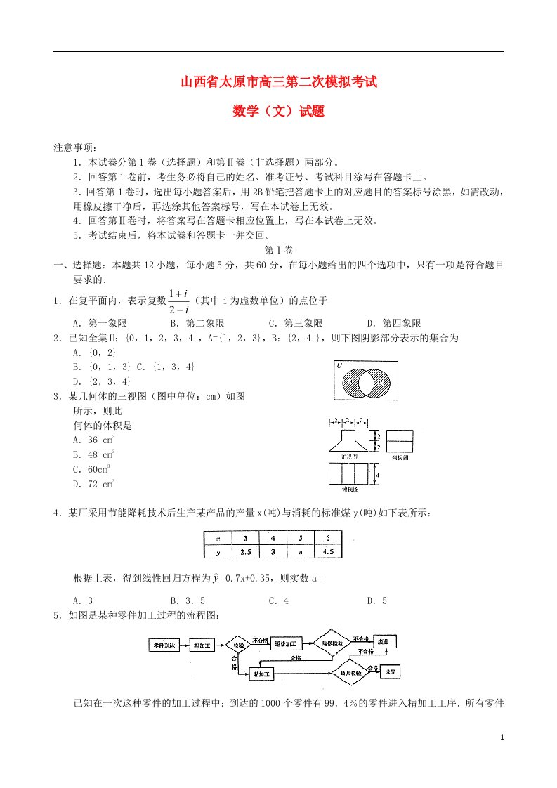 山西省太原市高三数学第二次模拟试题