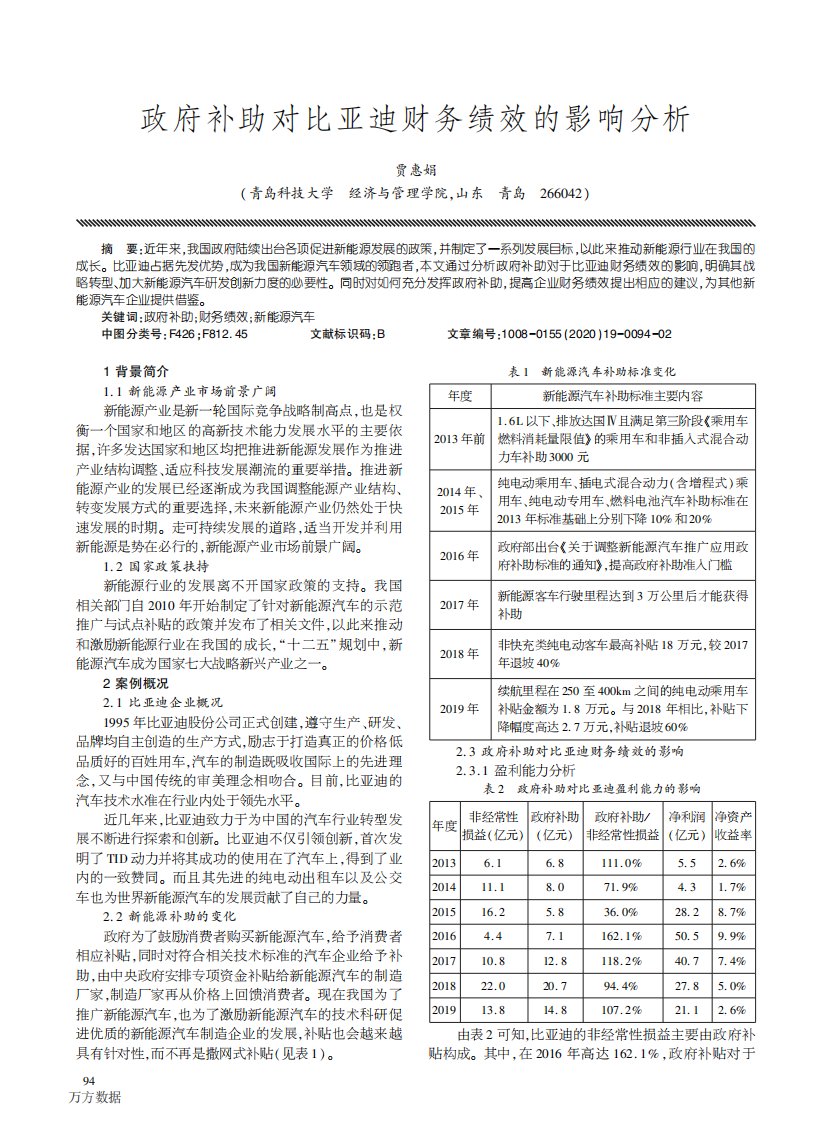 政府补助对比亚迪财务绩效的影响分析